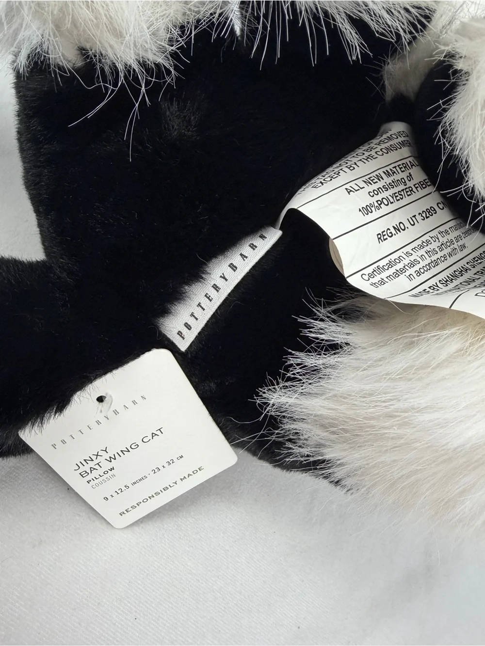 Pottery Barn Jinxy Boo Bat Wing Cat Shaped Pillow Plush 9X12 Black Halloween NWT